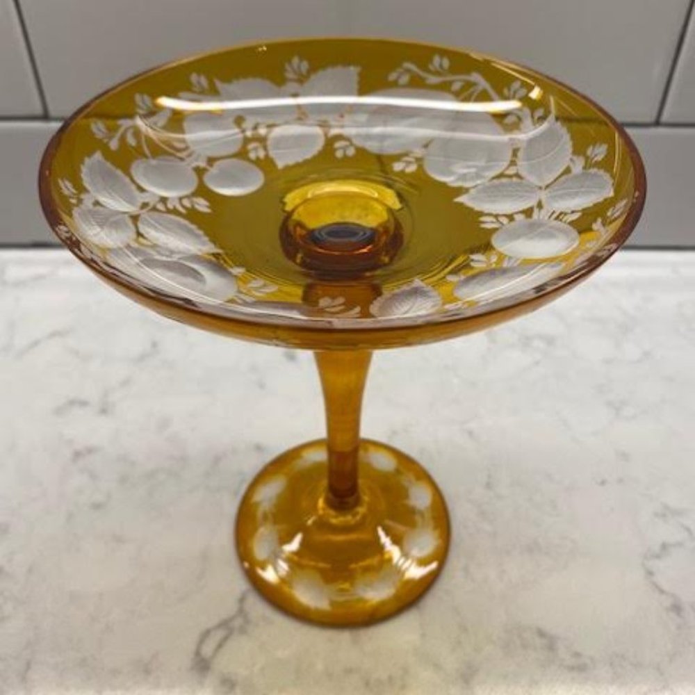 Vintage Amber Round Open Bohemian Etched Compote